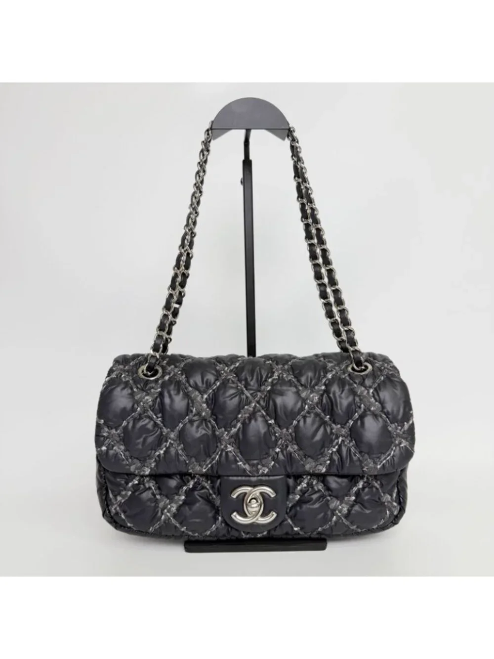 Chanel Quilted Tweed on Stitch Bubble Flap Shoulder Bag Nylon Black Silver Seal